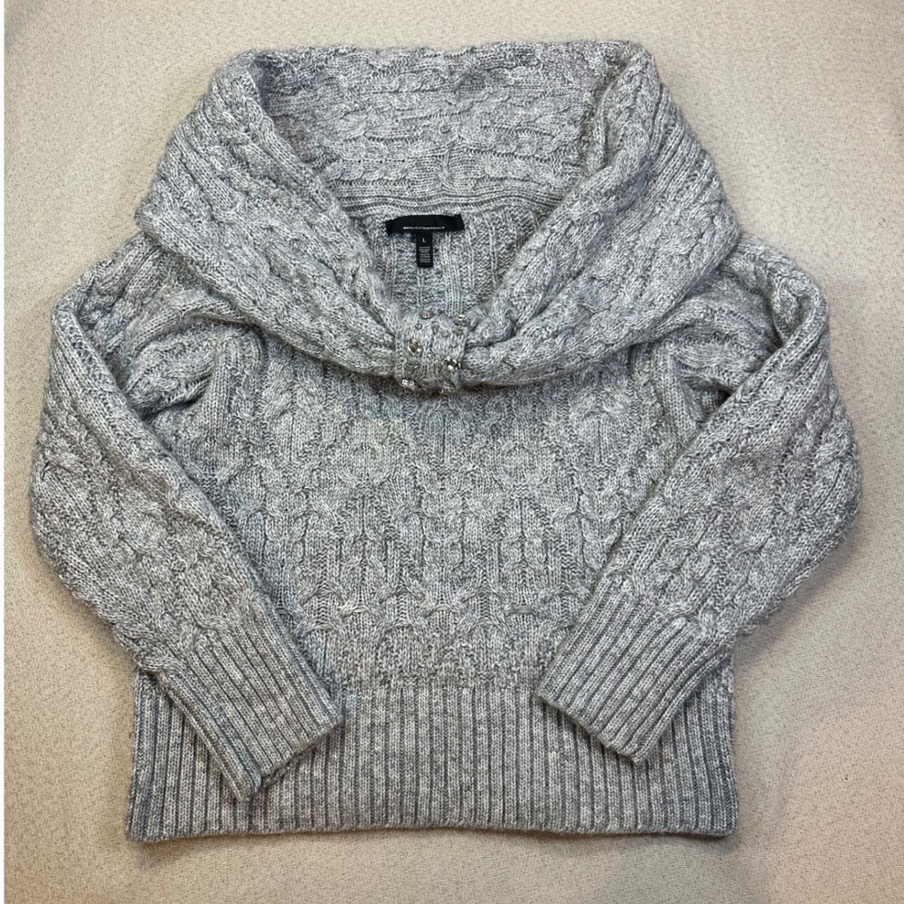 White House Black Market Cowl Neck Sweater Womens L Gray Cable Knit Rhinestone